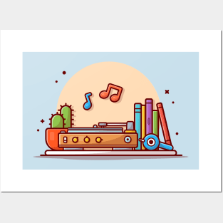 Old Music Player with Gramophone, Headphone, Cactus, Books, and Vinyl Cartoon Vector Icon Illustration Posters and Art